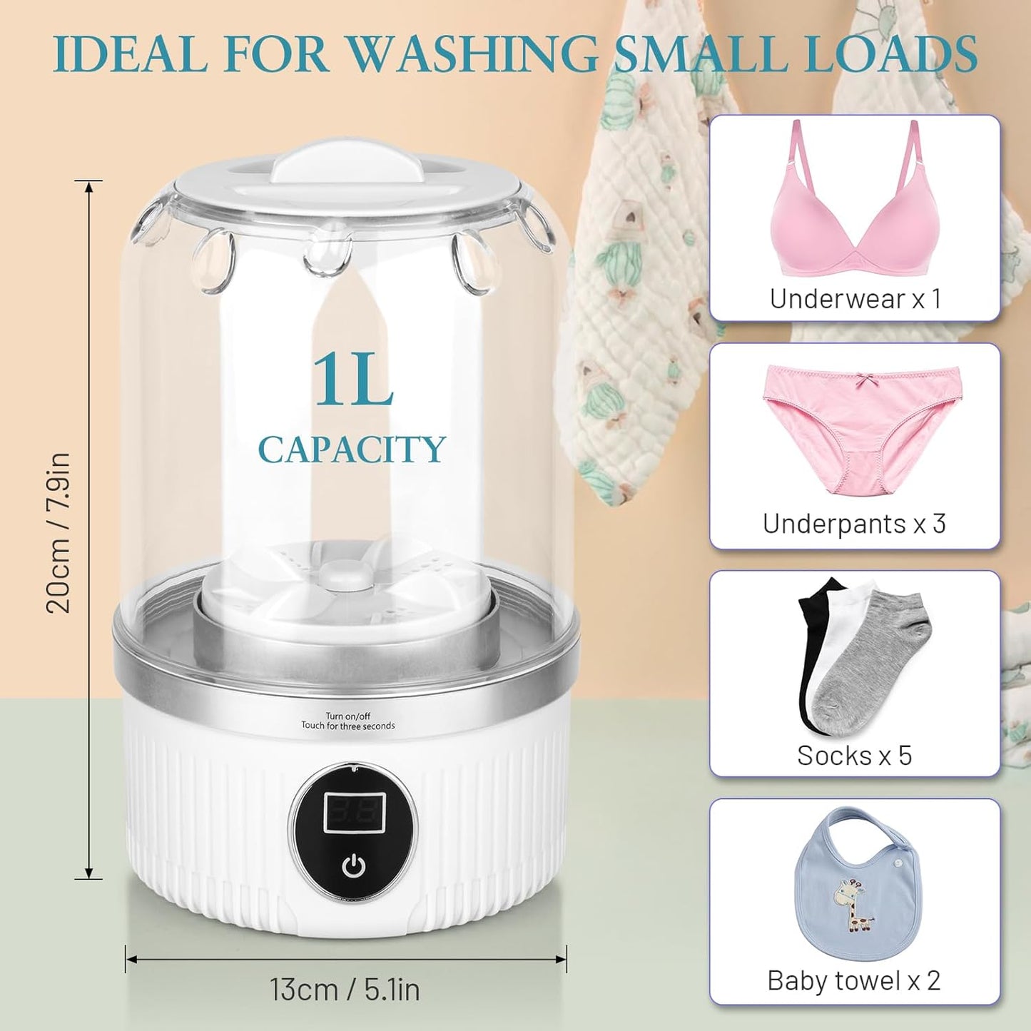 Underwear Washing Machine | Mini Portable Washing Machine with Rechargeable 3000mAh | Compact Deep Cleans Underwear, Baby Clothes | Ultra-Lightweight for Apartment, Dorm, RV, Travel & Hotel Use