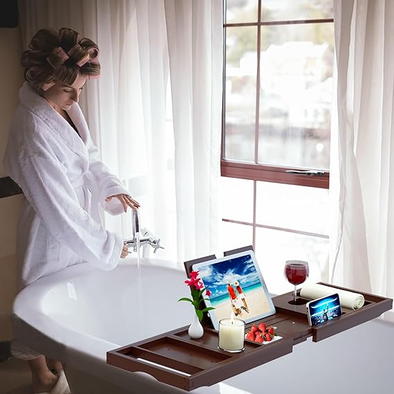 Premium Bamboo Bathtub Tray Caddy-Expandable Size, Fits Most Bath Tubs