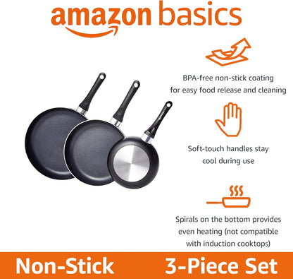 Amazon Basics Non Stick 3-Piece Kitchen Cookware Set, Includes 8-inch, 10-inch, 12-inch Pan, Black
