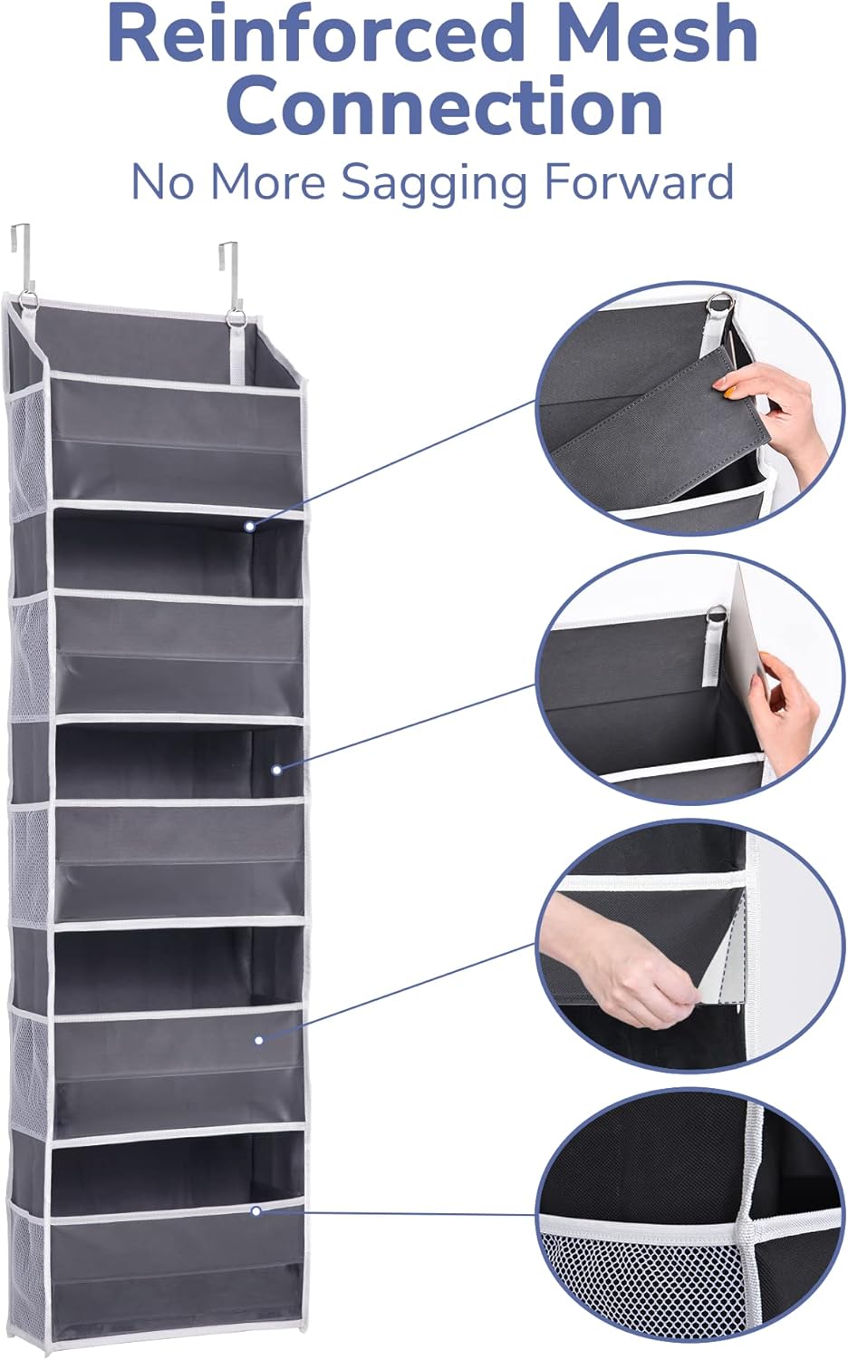 ULG 1 Pack Over Door Organizer with 5 Large Pockets 10 Mesh Side Pockets, 44 lbs Weight Capacity Hanging Storage Organizer with Clear Window Kids Toys, Shoes, Diapers, Dark Grey, 5 Layers