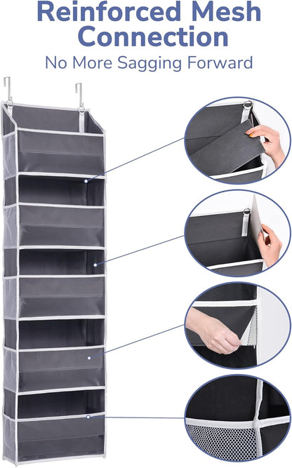 ULG 1 Pack Over Door Organizer with 5 Large Pockets 10 Mesh Side Pockets, 44 lbs Weight Capacity Hanging Storage Organizer with Clear Window Kids Toys, Shoes, Diapers, Dark Grey, 5 Layers