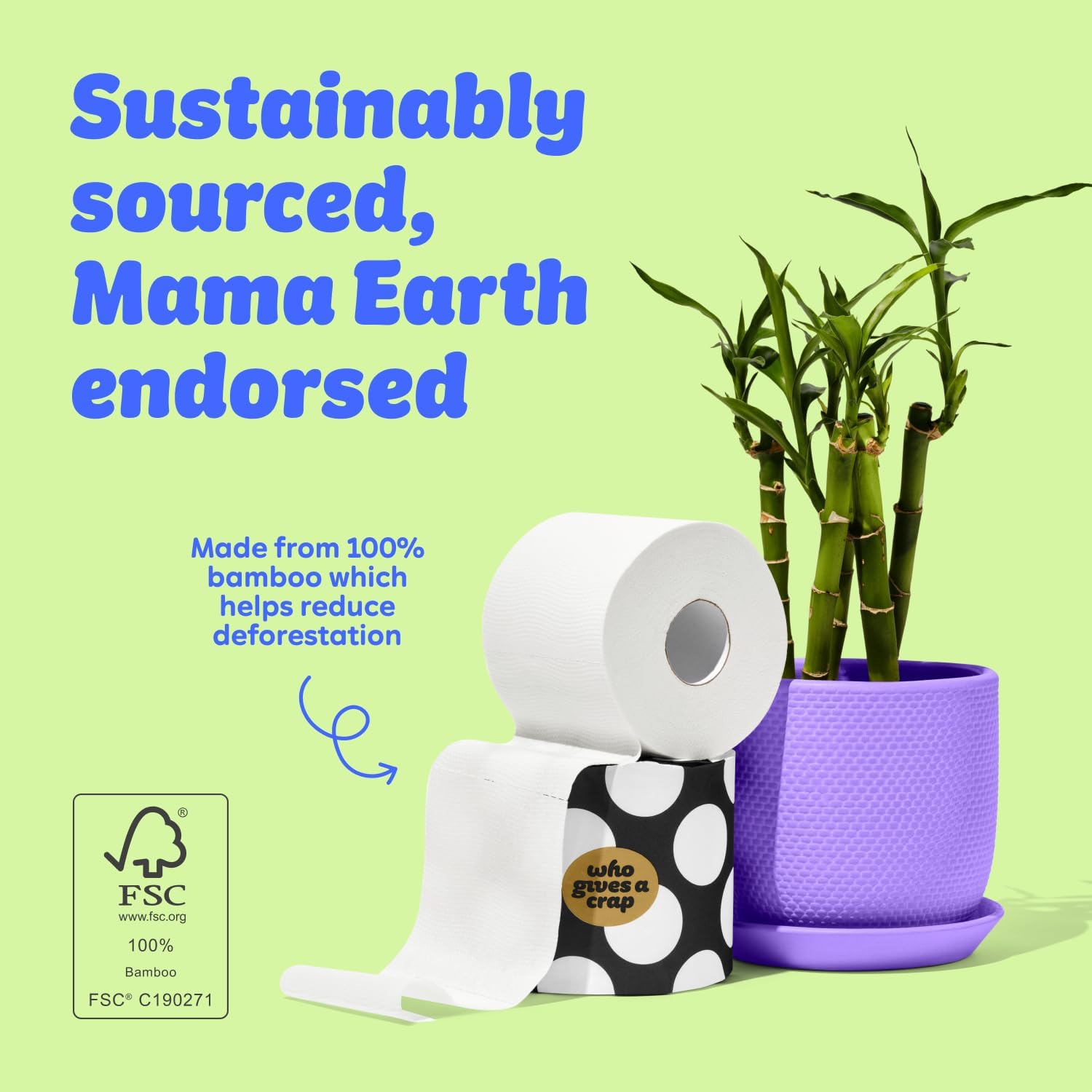 Who Gives A Crap 100% Bamboo Toilet Paper, 24 Rolls, 3 Ply, 330 Sheets, Long, Strong & Soft Toilet Tissue, Sustainable, Biodegradable, Renewable, Tree Free Bathroom Tissue Made with Bamboo Fibers