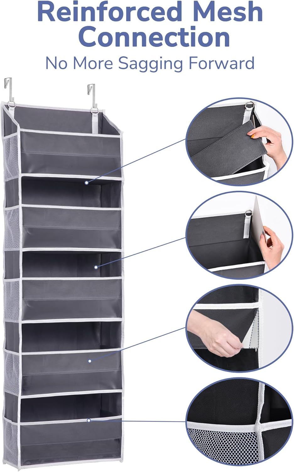 ULG 1 Pack Over Door Organizer with 5 Large Pockets 10 Mesh Side Pockets, 44 lbs Weight Capacity Hanging Storage Organizer with Clear Window Kids Toys, Shoes, Diapers, Dark Grey, 5 Layers