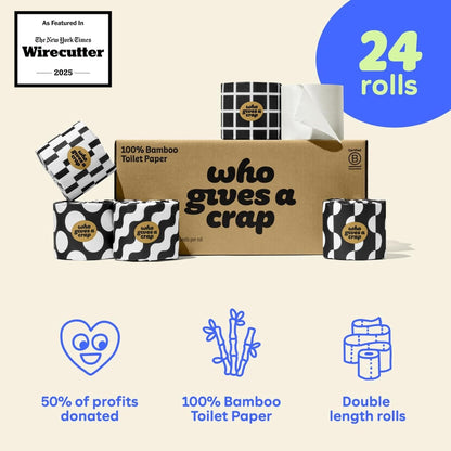 Who Gives A Crap 100% Bamboo Toilet Paper, 24 Rolls, 3 Ply, 330 Sheets, Long, Strong & Soft Toilet Tissue, Sustainable, Biodegradable, Renewable, Tree Free Bathroom Tissue Made with Bamboo Fibers