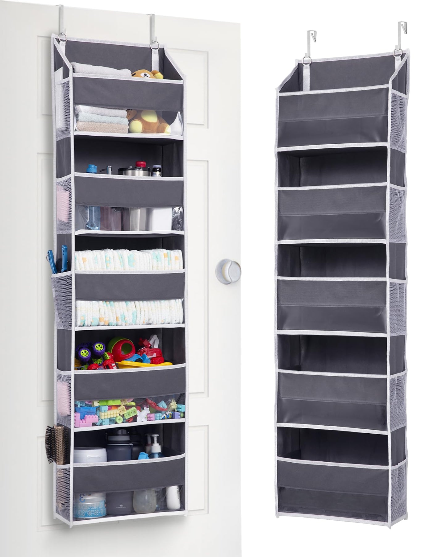 ULG 1 Pack Over Door Organizer with 5 Large Pockets 10 Mesh Side Pockets, 44 lbs Weight Capacity Hanging Storage Organizer with Clear Window Kids Toys, Shoes, Diapers, Dark Grey, 5 Layers