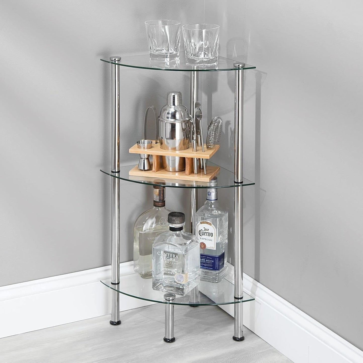 mDesign Modern Glass Corner 3-Tier Storage Organizer Tower Cabinet with Open Shelves - Household Furniture for Bathroom, Office, Bedroom, Living Room - Holds Books, Plants, Candles - Chrome/Clear