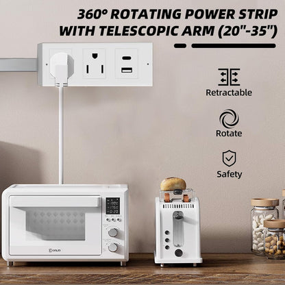 Electrical Outlet Extender Features USB-A, USB-C, and 2 AC Electrical Outlet Extender Stick for Hard to Reach Spaces Extends 22"-34", Rotates 180°. Use Behind Couches, Nightstands, Desks, and More