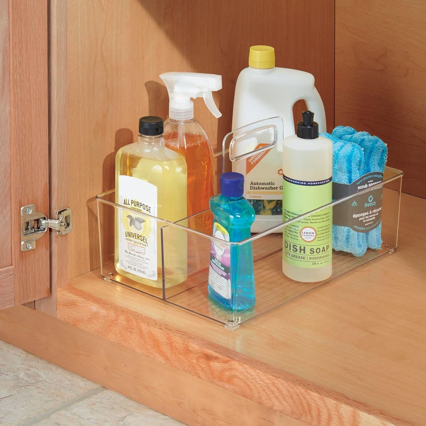 mDesign Ligne Collection - Organizador de almacenamiento portátil dividido de plástico grande con asa para cocina, despensa, encimera, armario, colección Ligne, paquete de 2 unidades, transparente