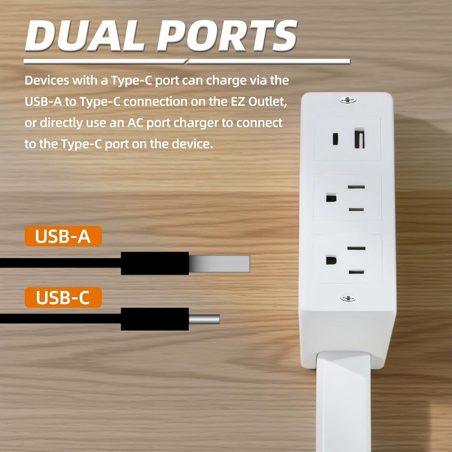 Electrical Outlet Extender Features USB-A, USB-C, and 2 AC Electrical Outlet Extender Stick for Hard to Reach Spaces Extends 22"-34", Rotates 180°. Use Behind Couches, Nightstands, Desks, and More