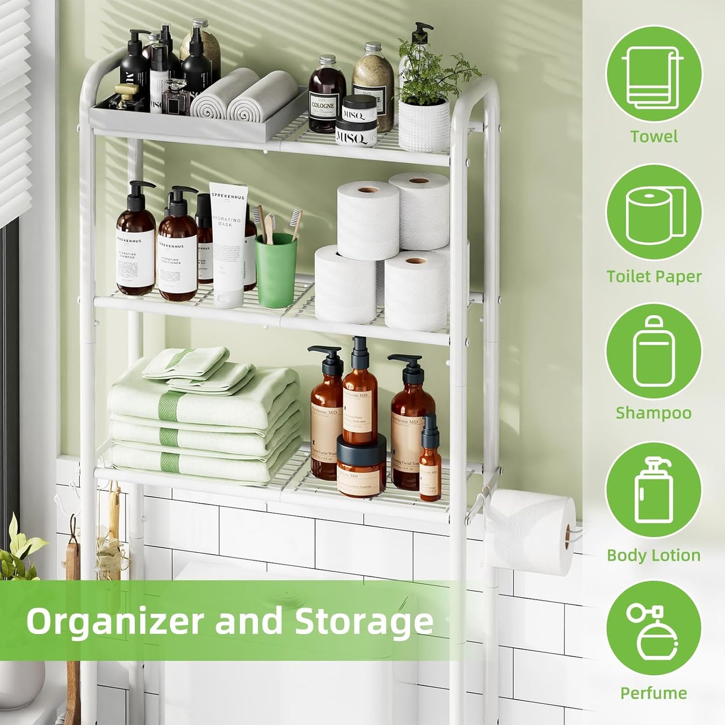 Simple Trending Over The Toilet Storage Rack, Metal 3 Tier Bathroom Organizer Shelf with Paper Holder and 3 Hooks, White