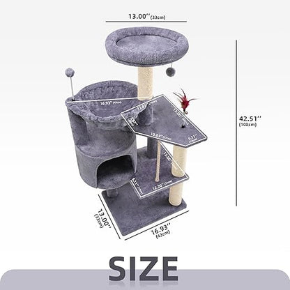 TINWEIUS 42.5'' Cat Tree for Indor Cats, Multifunctional Cat Tower with Cozy Condo, Perches, Scratching Posts and Hammock