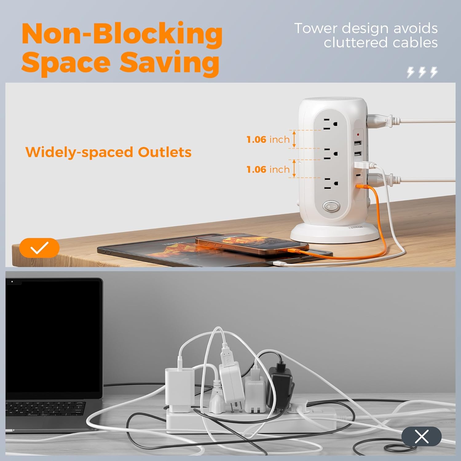 Tower Power Strip with Individual Switches, TESSAN Surge Protector with 12 Outlets, 5 USB Ports(2 USB C), Flat Extension Cord 10 Ft, Flat Plug, Charging Station for Multiple Devices, for Office, Dorm