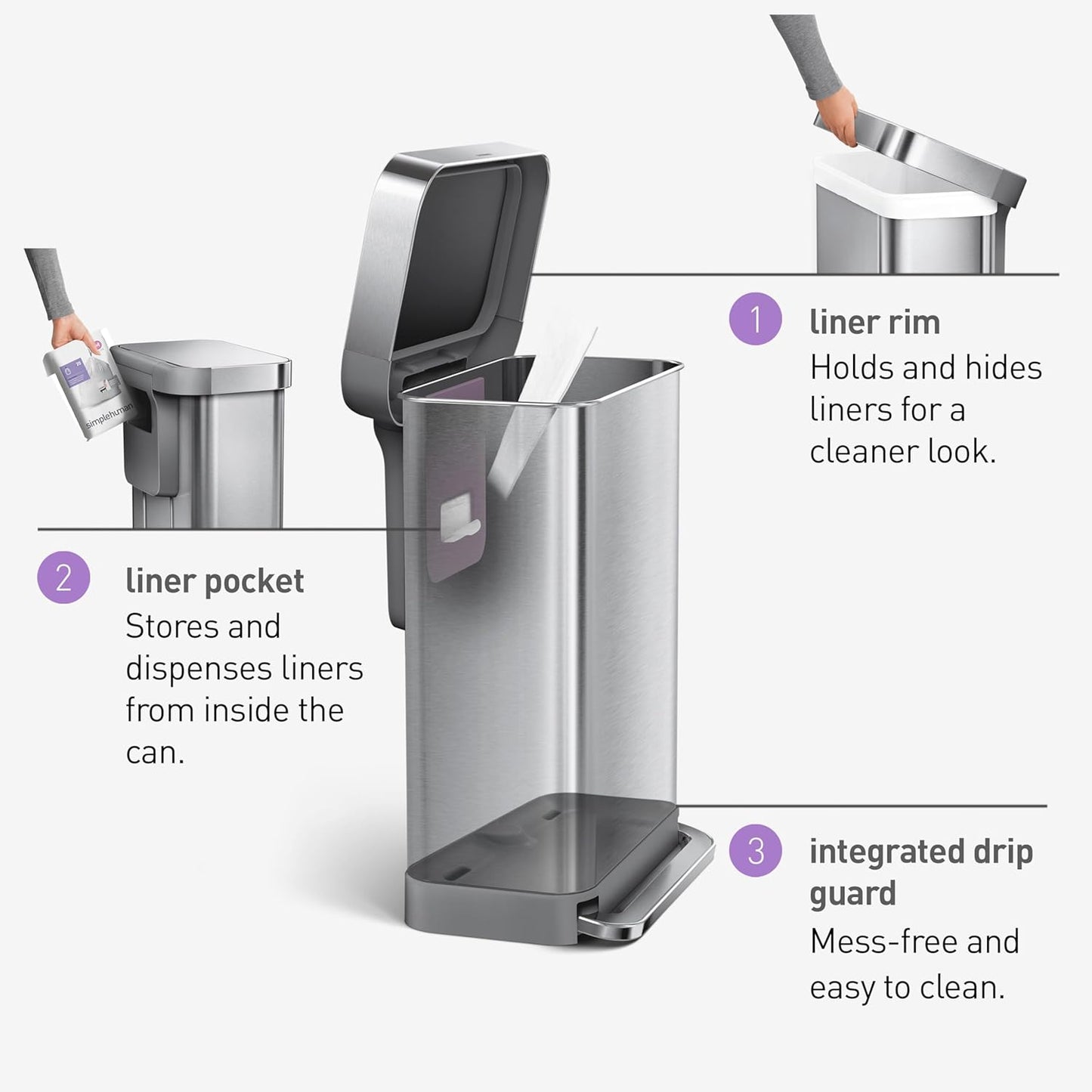 simplehuman 45 Liter / 12 Gallon Rectangular Hands-Free Kitchen Step Trash Can with Soft-Close Lid, Brushed Stainless Steel