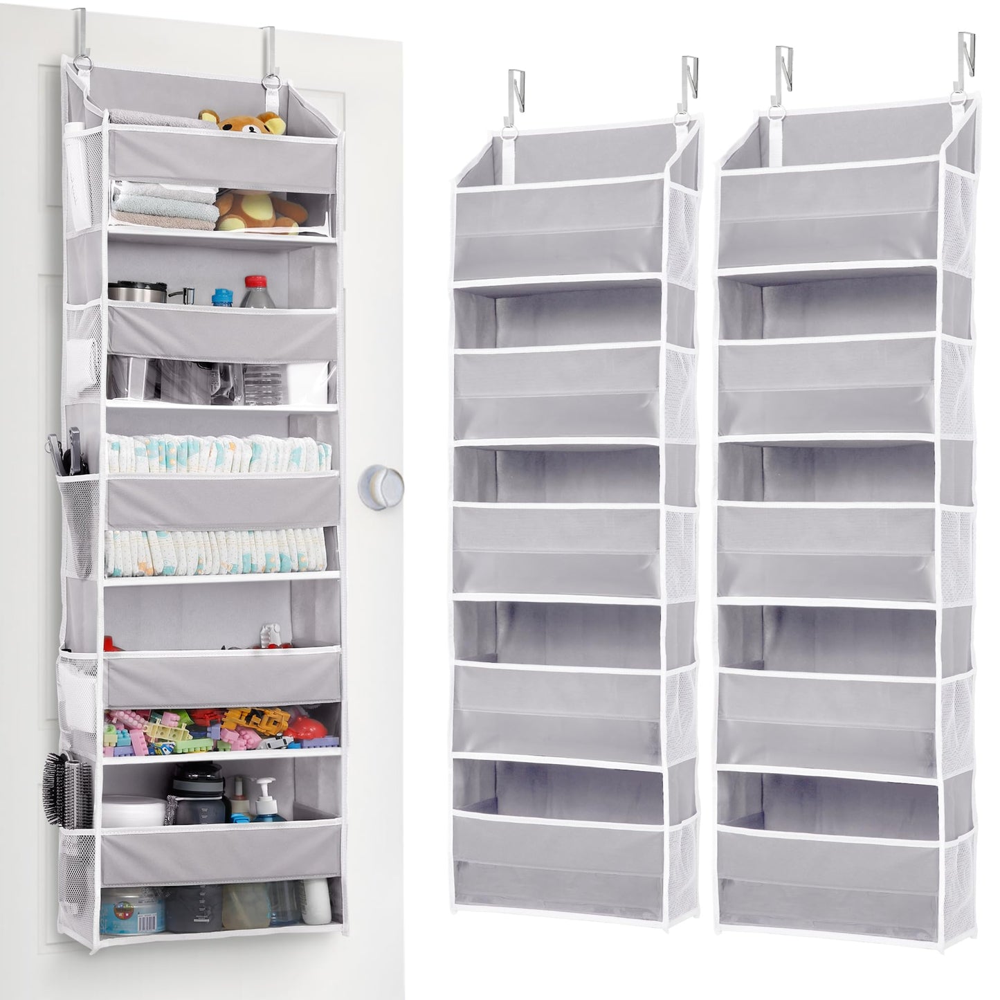 ULG 1 Pack Over Door Organizer with 5 Large Pockets 10 Mesh Side Pockets, 44 lbs Weight Capacity Hanging Storage Organizer with Clear Window Kids Toys, Shoes, Diapers, Dark Grey, 5 Layers