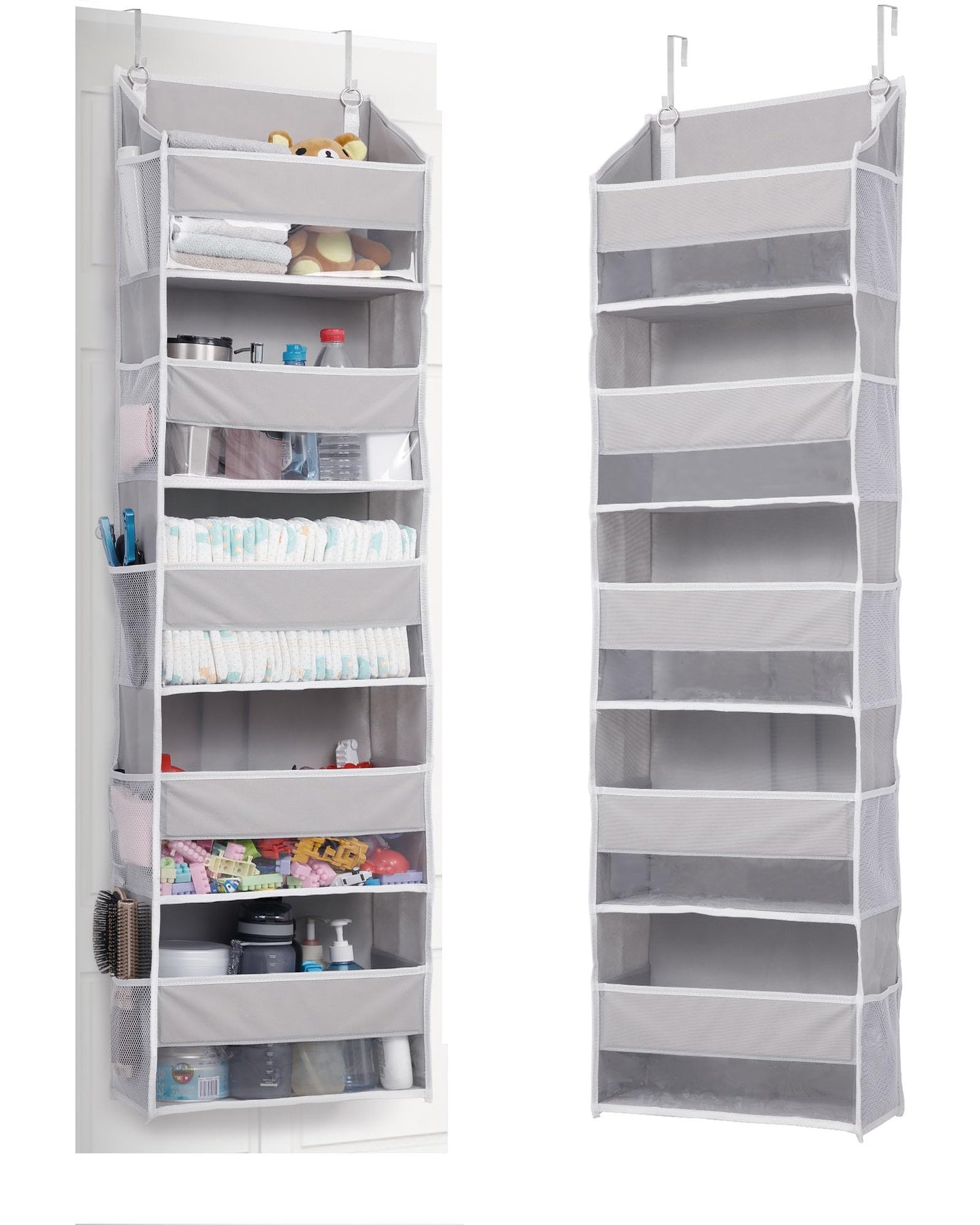 ULG 1 Pack Over Door Organizer with 5 Large Pockets 10 Mesh Side Pockets, 44 lbs Weight Capacity Hanging Storage Organizer with Clear Window Kids Toys, Shoes, Diapers, Dark Grey, 5 Layers