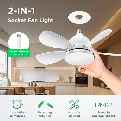 BreezeGlow 2000L Socket Fan Light with Remote – Dimmable LED Bulb, 3 Color Temperatures (3000K-6500K), E26 Base, Easy Installation for Bedroom, Kitchen, Garage
