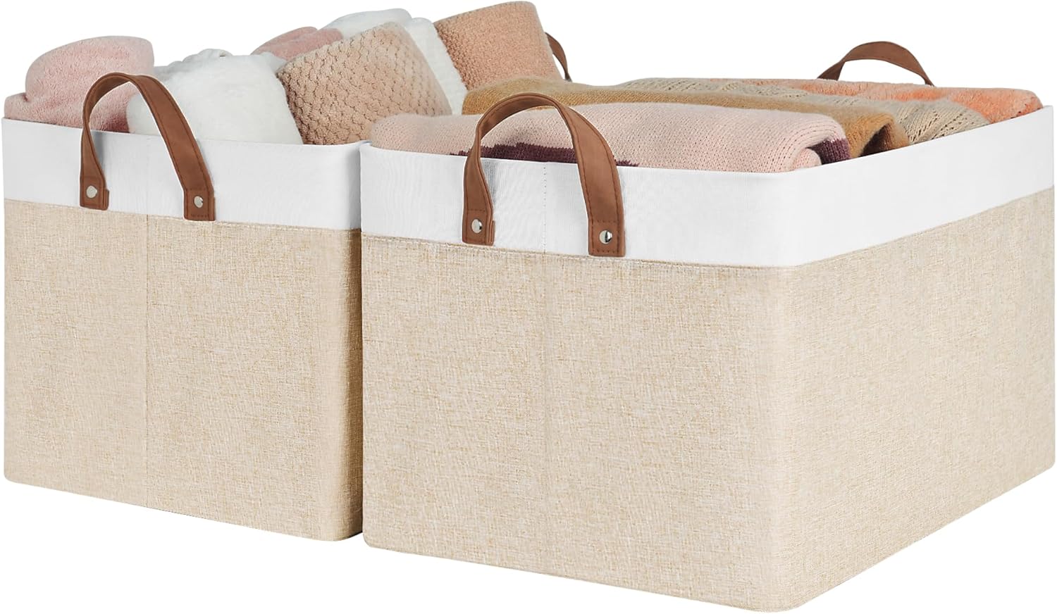 StorageWorks Storage Bins, Shelves Baskets for Organizing, 45L Extra Large Fabric Closet Organizers with Handles, Metal Frame, Brown and White, 2-Pack