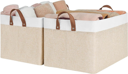 StorageWorks Storage Bins, Shelves Baskets for Organizing, 45L Extra Large Fabric Closet Organizers with Handles, Metal Frame, Brown and White, 2-Pack