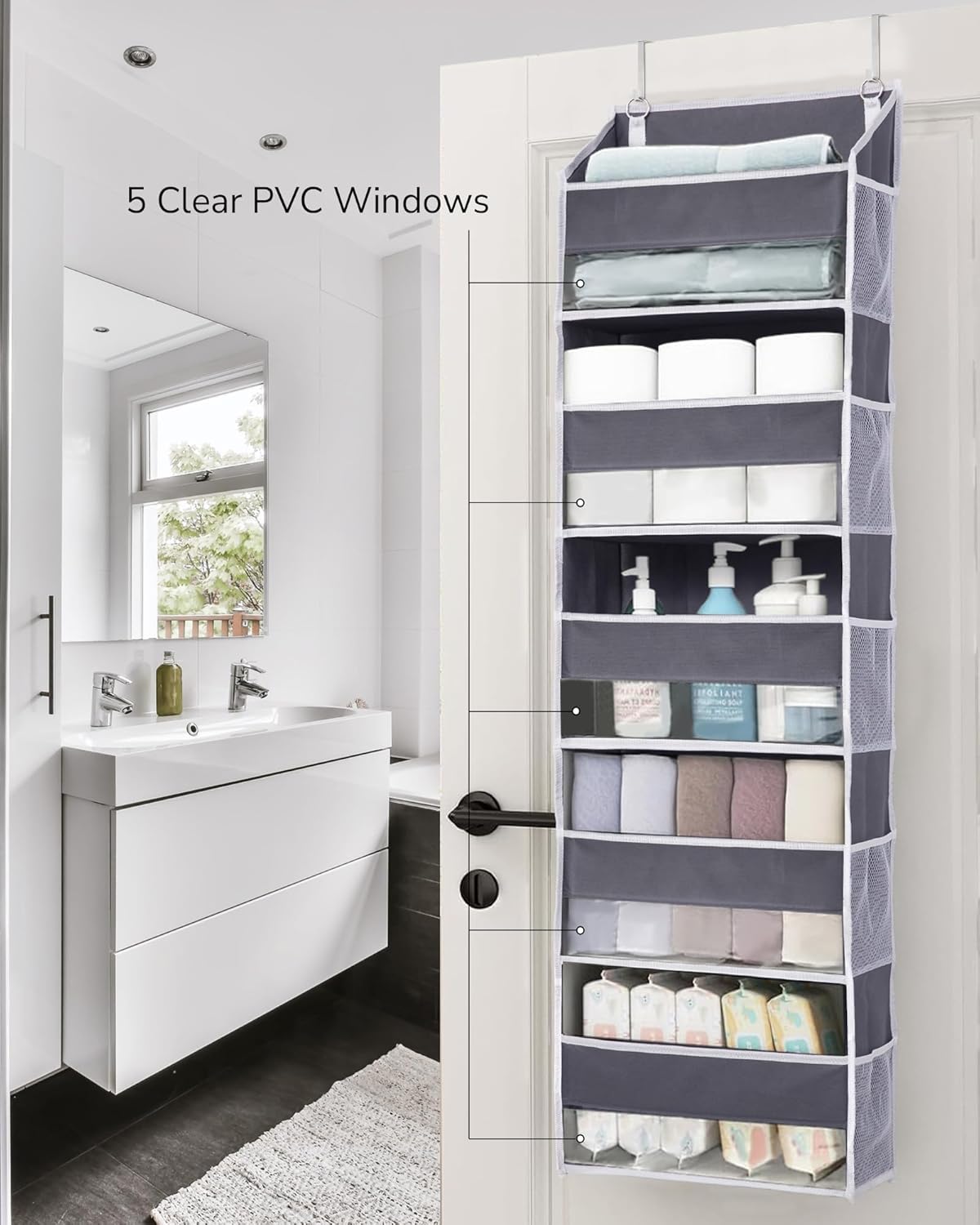 ULG 1 Pack Over Door Organizer with 5 Large Pockets 10 Mesh Side Pockets, 44 lbs Weight Capacity Hanging Storage Organizer with Clear Window Kids Toys, Shoes, Diapers, Dark Grey, 5 Layers