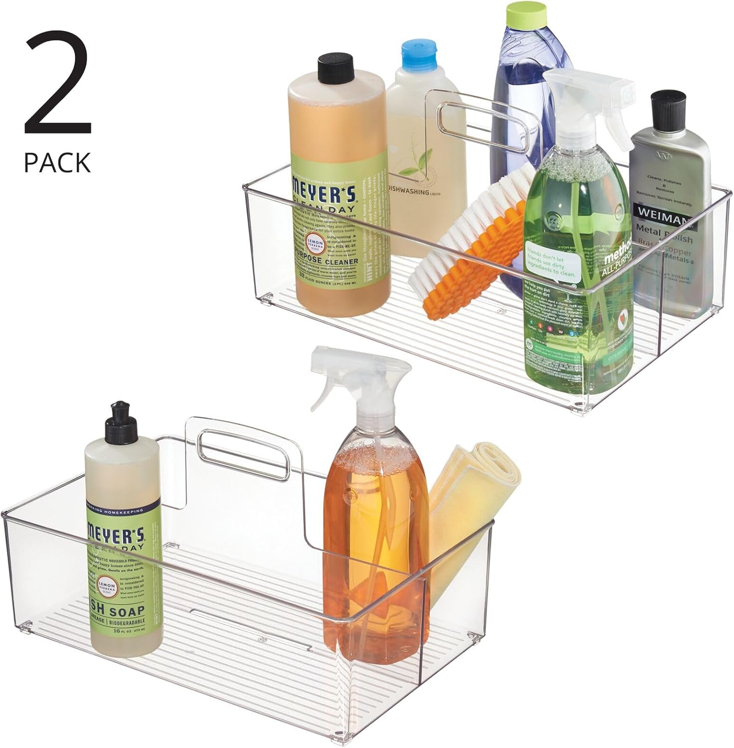 mDesign Ligne Collection - Organizador de almacenamiento portátil dividido de plástico grande con asa para cocina, despensa, encimera, armario, colección Ligne, paquete de 2 unidades, transparente