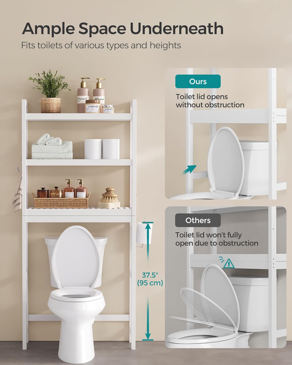 SONGMICS Over The Toilet Storage, 3-Tier Over Toilet Bathroom Organizer with Adjustable Shelf, Fit Most Toilets, Space-Saving, Easy Assembly, Cloud White UBTS01WT