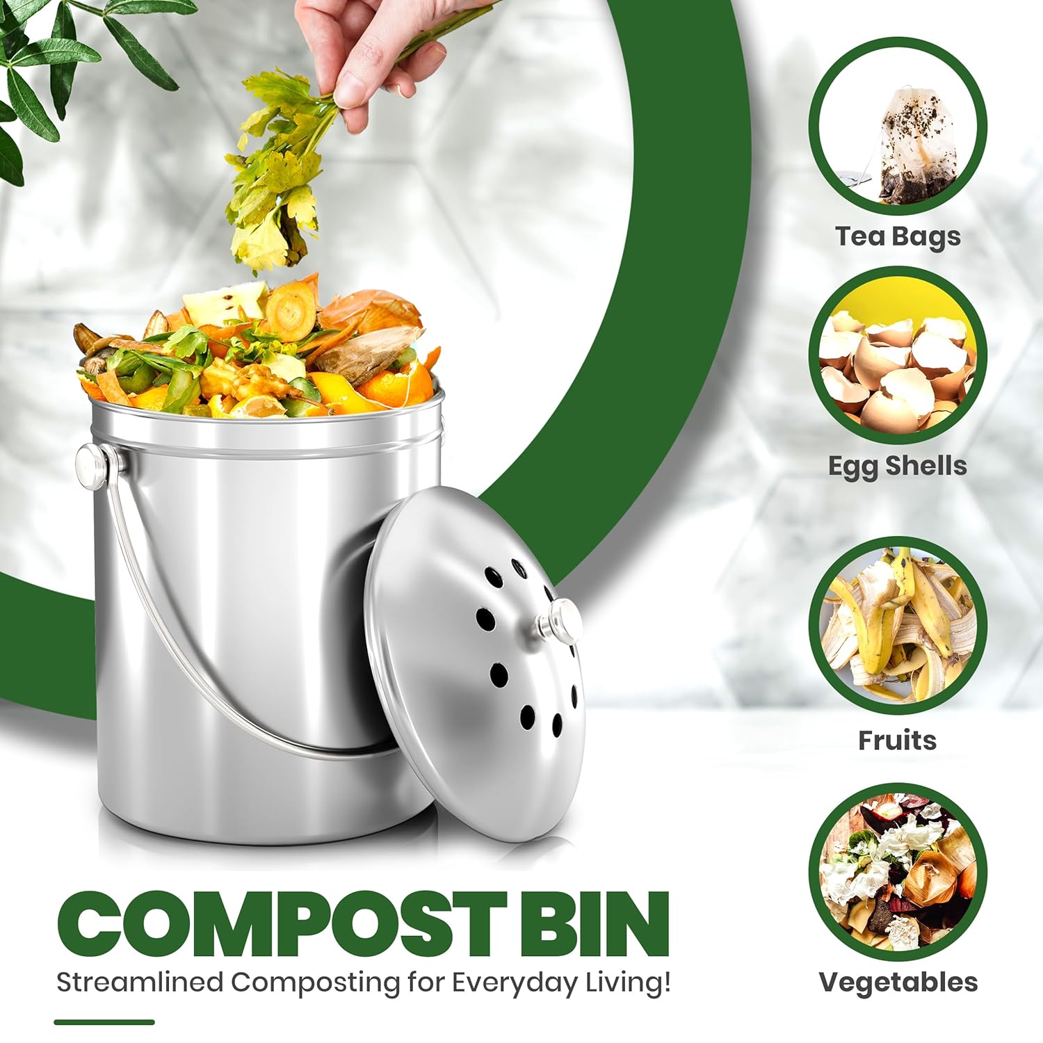 Utopia Kitchen Compost Bin for Kitchen Countertop, 1.3 Gallon Compost Bucket for Kitchen with Lid, Includes 1 Spare Charcoal Filter, Home Essentials - (Silver)