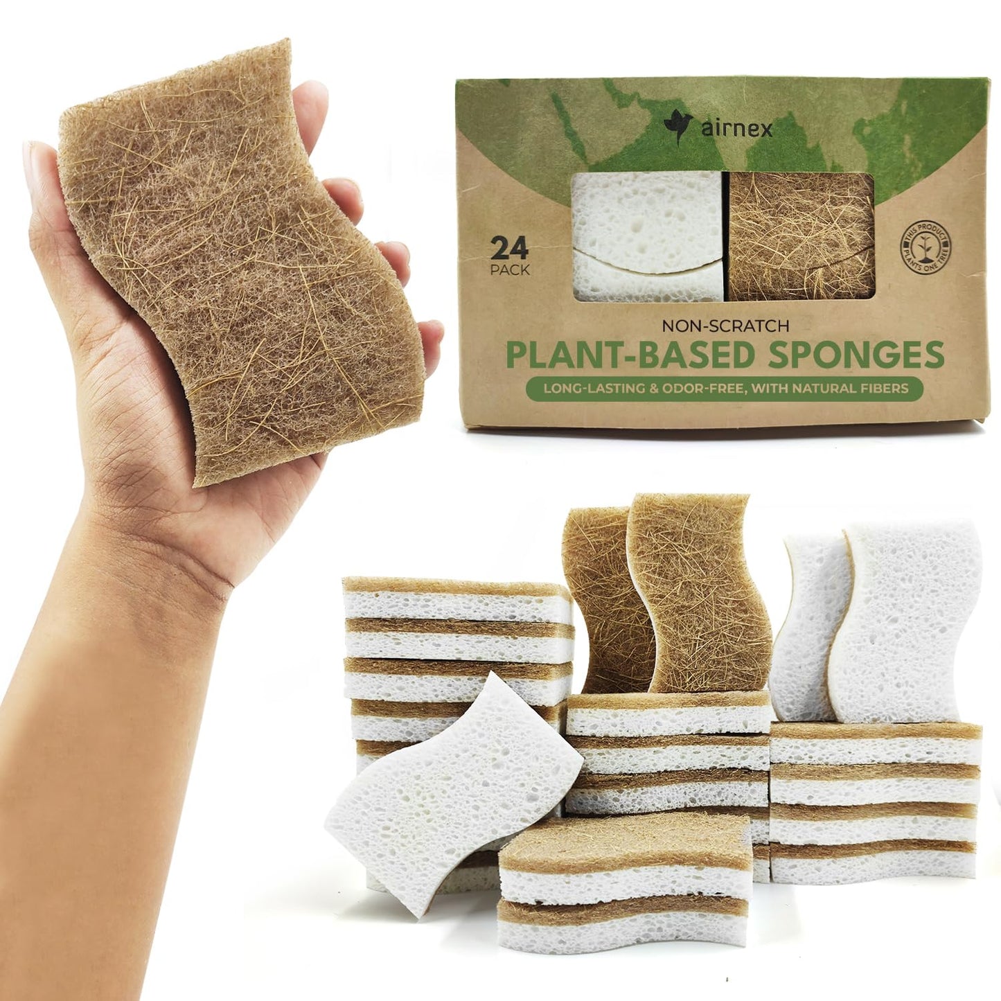 Natural Kitchen Sponge - Biodegradable Compostable Cellulose and Coconut Scrubber Sponge - Pack of 12 Eco Friendly Sponges for Dishes