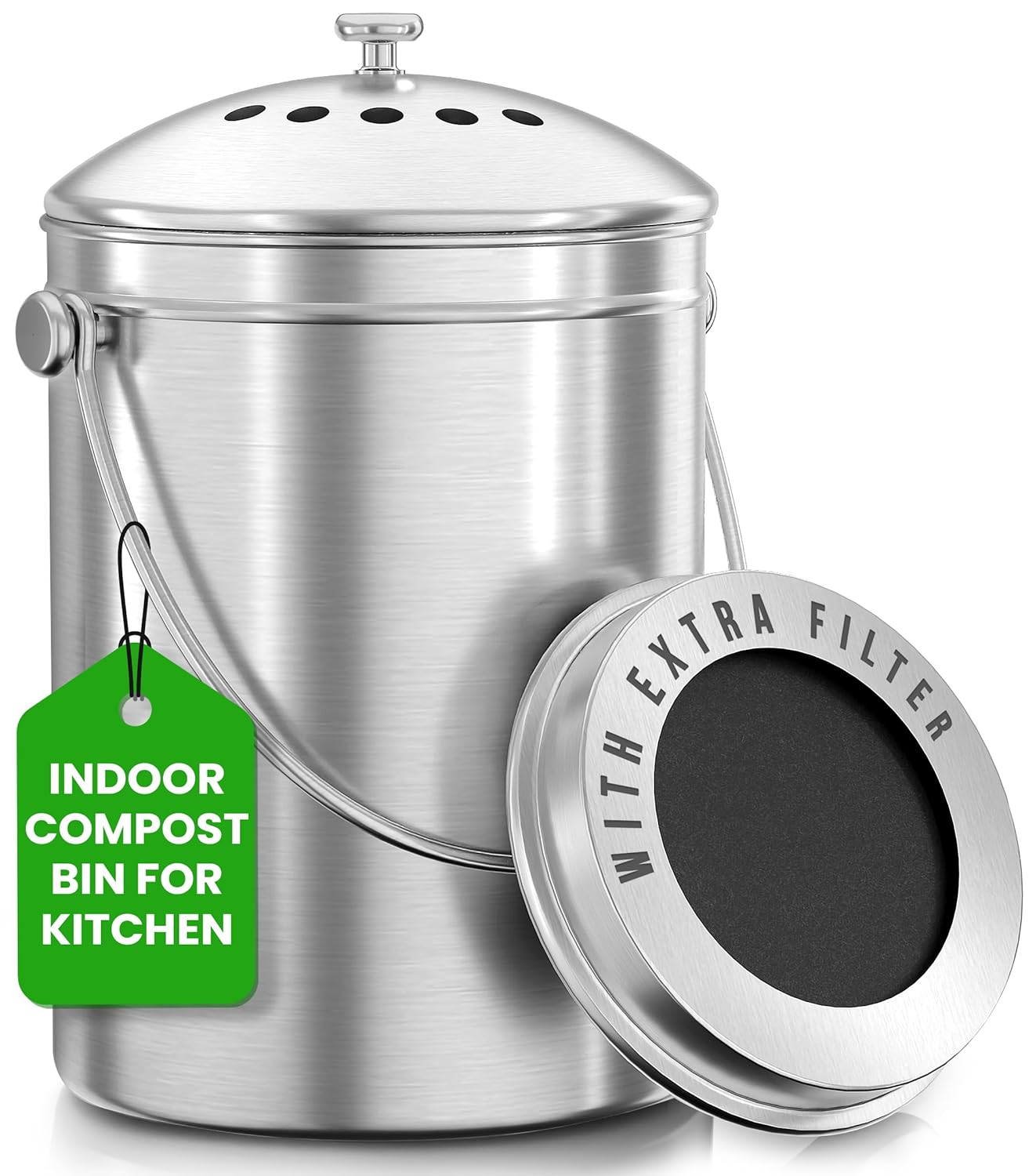 Utopia Kitchen Compost Bin for Kitchen Countertop, 1.3 Gallon Compost Bucket for Kitchen with Lid, Includes 1 Spare Charcoal Filter, Home Essentials - (Silver)