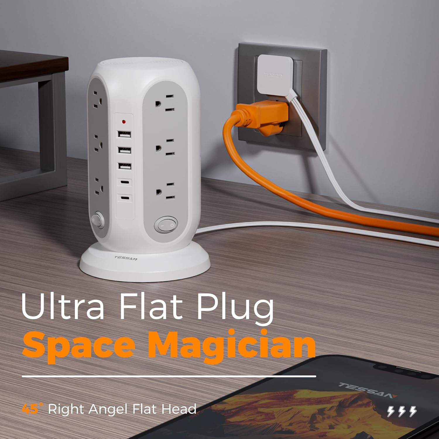 Tower Power Strip with Individual Switches, TESSAN Surge Protector with 12 Outlets, 5 USB Ports(2 USB C), Flat Extension Cord 10 Ft, Flat Plug, Charging Station for Multiple Devices, for Office, Dorm