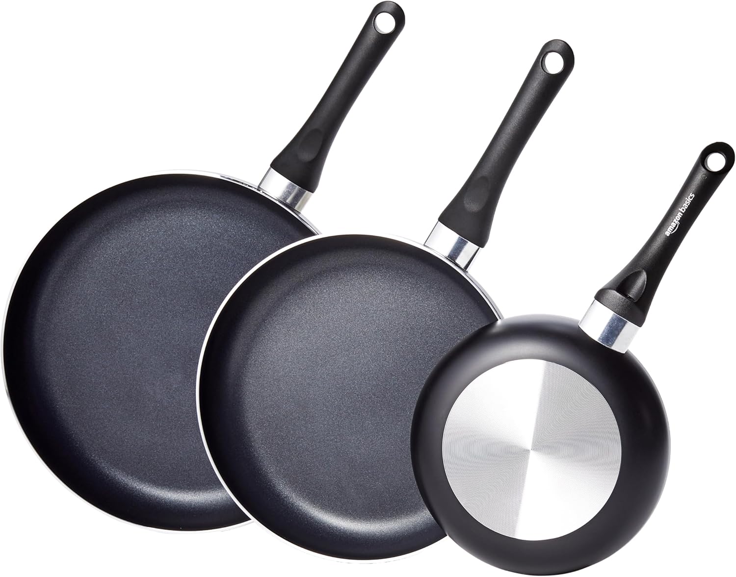Amazon Basics Non Stick 3-Piece Kitchen Cookware Set, Includes 8-inch, 10-inch, 12-inch Pan, Black
