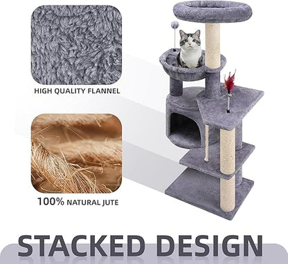 TINWEIUS 42.5'' Cat Tree for Indor Cats, Multifunctional Cat Tower with Cozy Condo, Perches, Scratching Posts and Hammock
