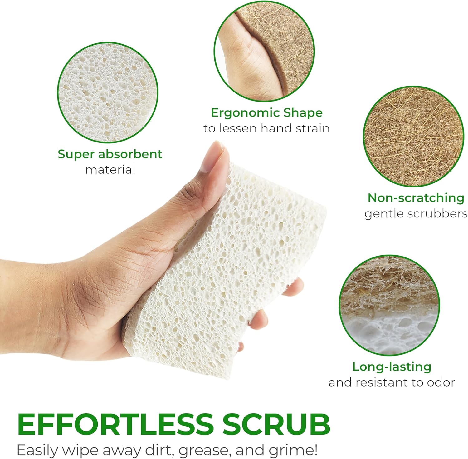 Natural Kitchen Sponge - Biodegradable Compostable Cellulose and Coconut Scrubber Sponge - Pack of 12 Eco Friendly Sponges for Dishes