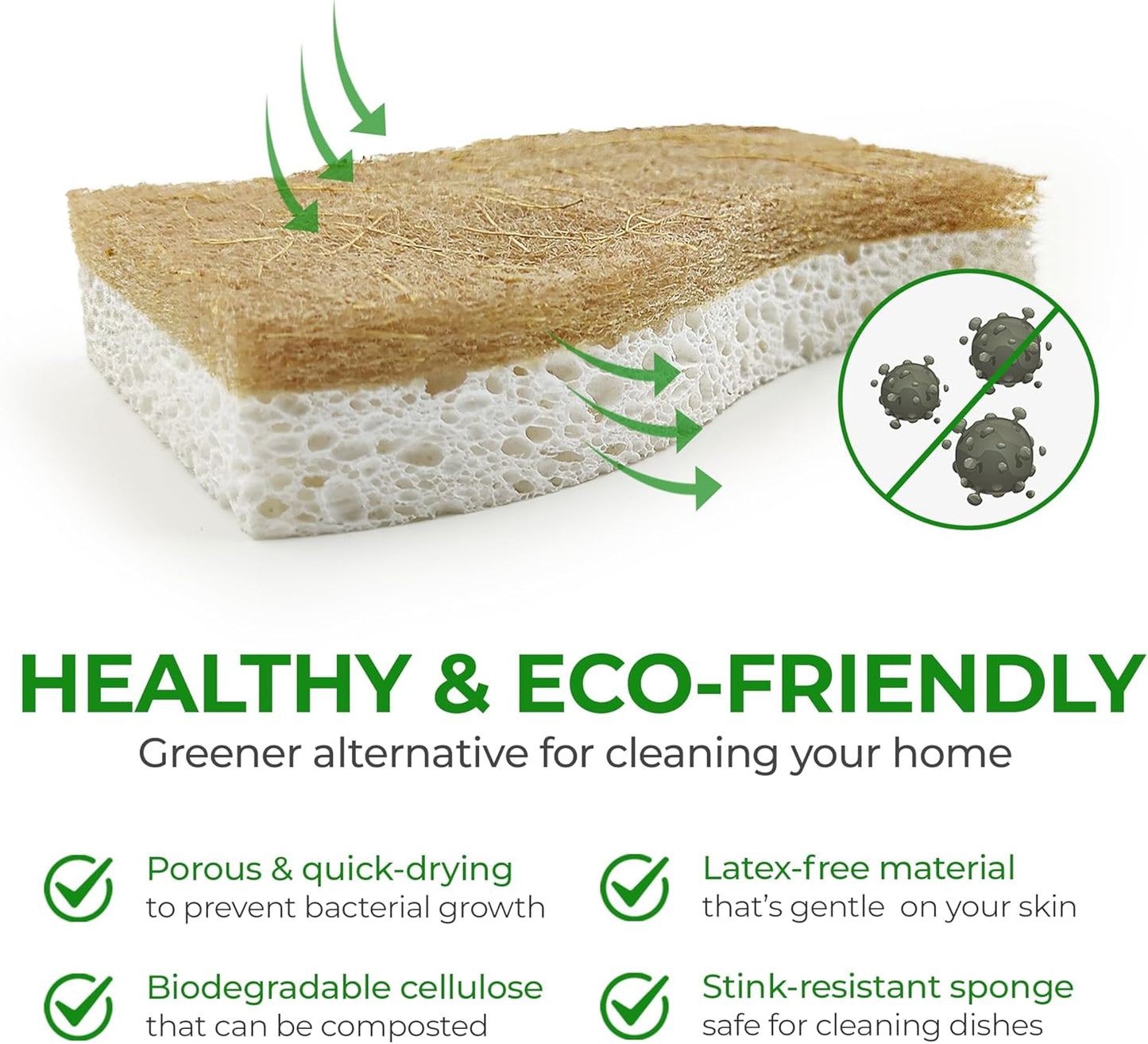 Natural Kitchen Sponge - Biodegradable Compostable Cellulose and Coconut Scrubber Sponge - Pack of 12 Eco Friendly Sponges for Dishes