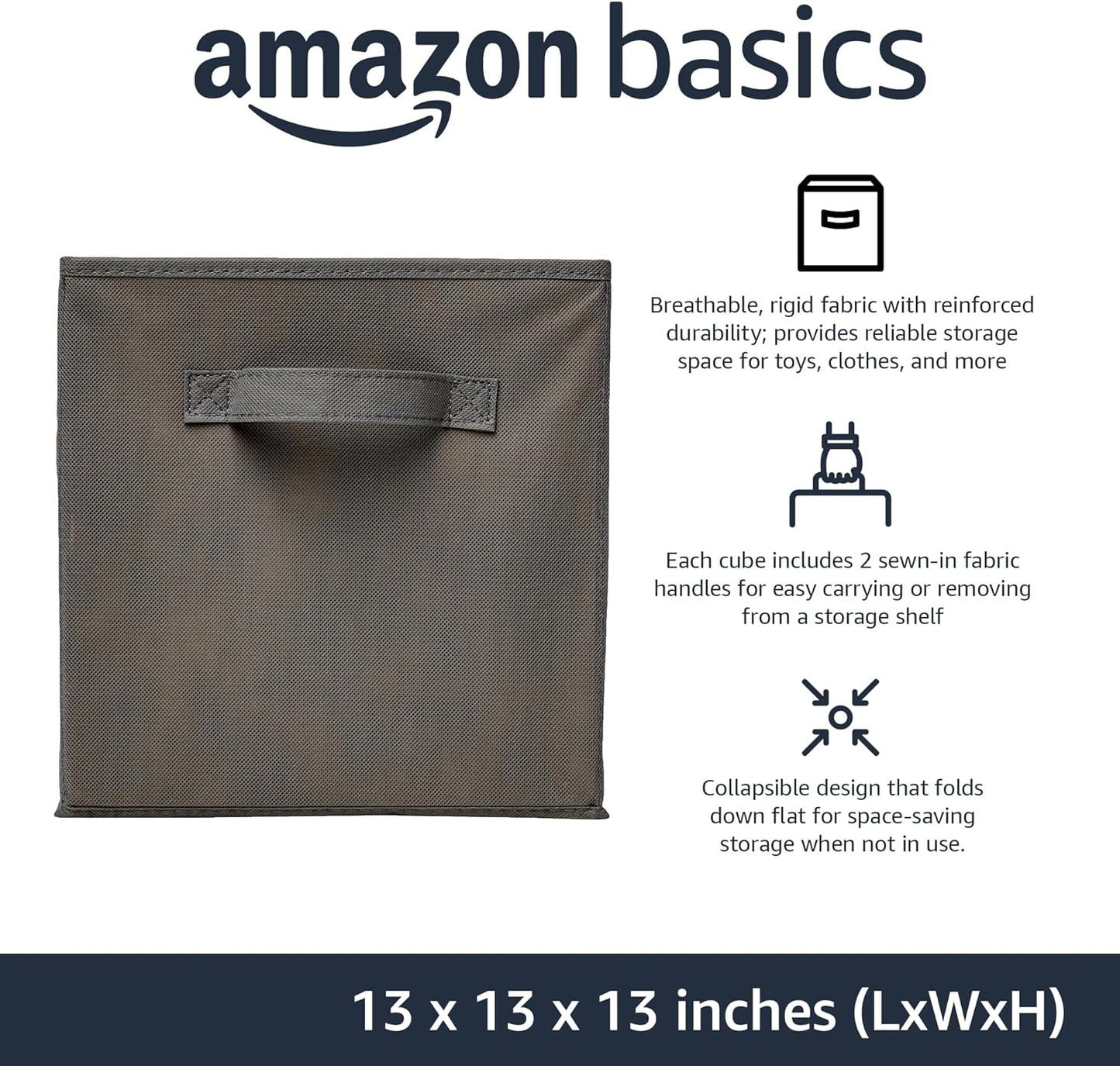 Amazon Basics Cube Organizer Storage Bins Handles, Collapsible Fabric, Pack of 6, 13"x13"x13", Gray