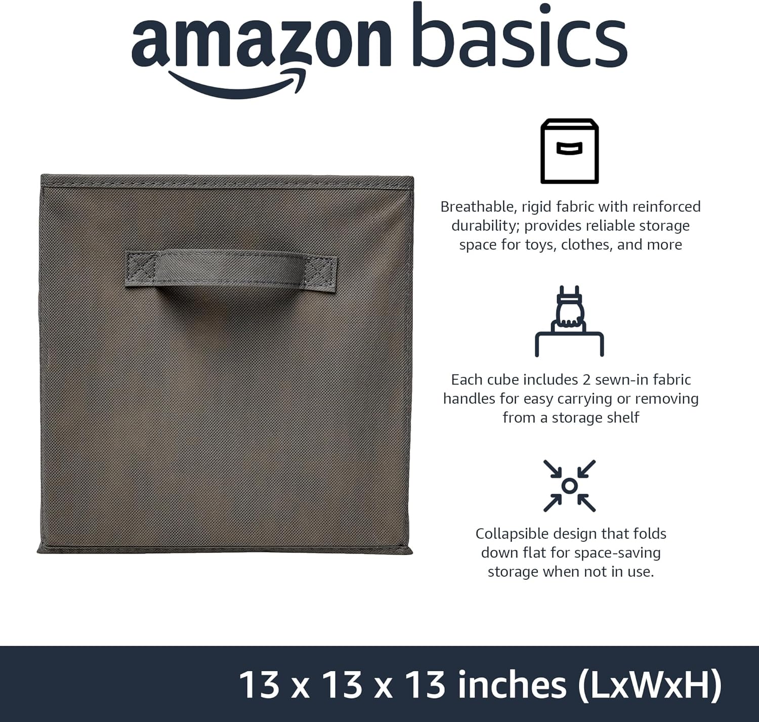Amazon Basics Cube Organizer Storage Bins Handles, Collapsible Fabric, Pack of 6, 13"x13"x13", Gray