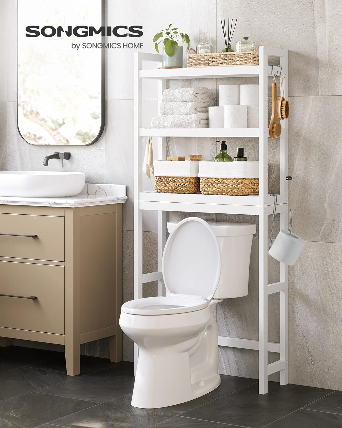 SONGMICS Over The Toilet Storage, 3-Tier Over Toilet Bathroom Organizer with Adjustable Shelf, Fit Most Toilets, Space-Saving, Easy Assembly, Cloud White UBTS01WT