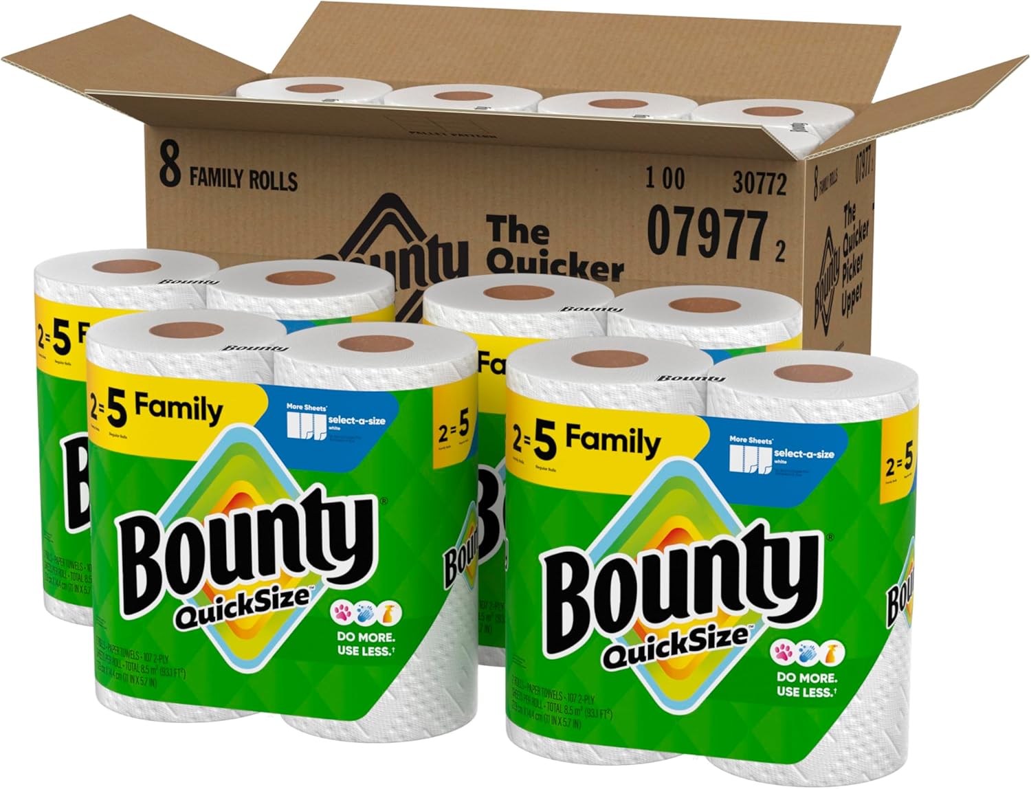 Bounty Quick Size Paper Towels, White, 8 Family Rolls = 20 Regular Rolls (Packaging May Vary)