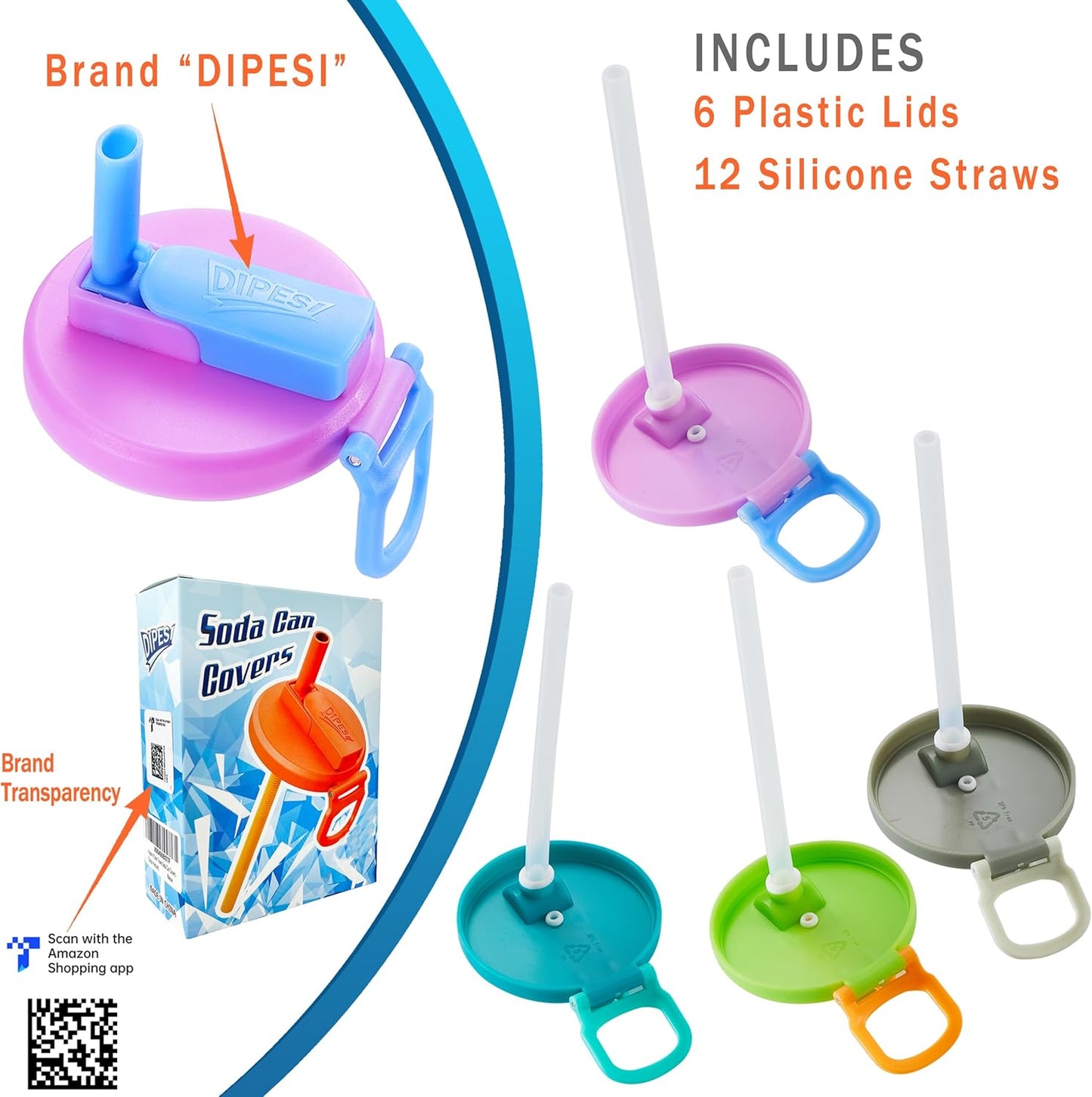 6 pack 6 color Soda Can Lids with Straws, Reusable Silicone Straws Soda ​Can Covers, BPA-Free,Airtight Seal, Easy to Use, Prevents Spills, Fits Standard Cans. (Colour mixture)