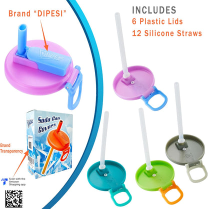 6 pack 6 color Soda Can Lids with Straws, Reusable Silicone Straws Soda ​Can Covers, BPA-Free,Airtight Seal, Easy to Use, Prevents Spills, Fits Standard Cans. (Colour mixture)
