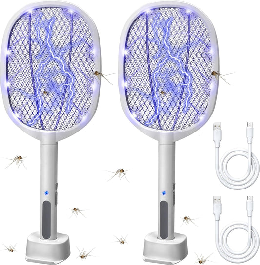 Lulu Home 2-in-1 Electric Bug Zapper Racket, 2 Pack 3000V High Voltage LED Lighted Handheld Mosquito Swatter with 3 Layer Safety Mesh, USB Charging Portable Fly Killer Racquet