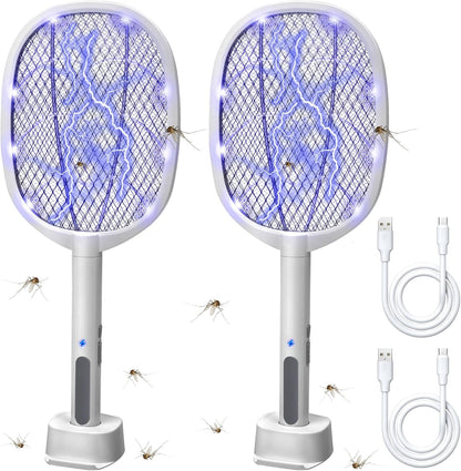 Lulu Home 2-in-1 Electric Bug Zapper Racket, 2 Pack 3000V High Voltage LED Lighted Handheld Mosquito Swatter with 3 Layer Safety Mesh, USB Charging Portable Fly Killer Racquet