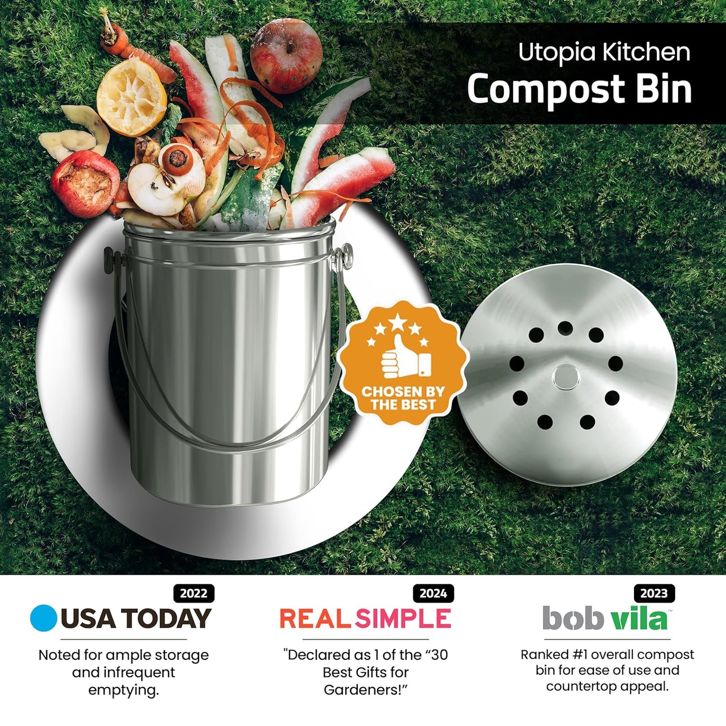 Utopia Kitchen Compost Bin for Kitchen Countertop, 1.3 Gallon Compost Bucket for Kitchen with Lid, Includes 1 Spare Charcoal Filter, Home Essentials - (Silver)