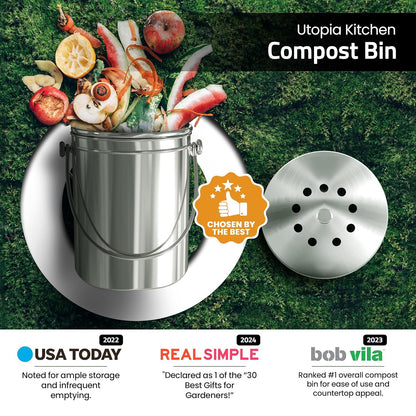 Utopia Kitchen Compost Bin for Kitchen Countertop, 1.3 Gallon Compost Bucket for Kitchen with Lid, Includes 1 Spare Charcoal Filter, Home Essentials - (Silver)