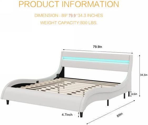 LED Bed Frame with Headboard, Modern Faux Leather Wave-Like Platform Bed Frame, Low Profile Bed Frame with Solid Wood Slats Support, White, Full Size