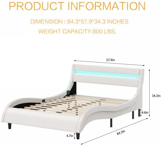 LED Bed Frame with Headboard, Modern Faux Leather Wave-Like Platform Bed Frame, Low Profile Bed Frame with Solid Wood Slats Support, White, Full Size