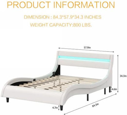 LED Bed Frame with Headboard, Modern Faux Leather Wave-Like Platform Bed Frame, Low Profile Bed Frame with Solid Wood Slats Support, White, Full Size