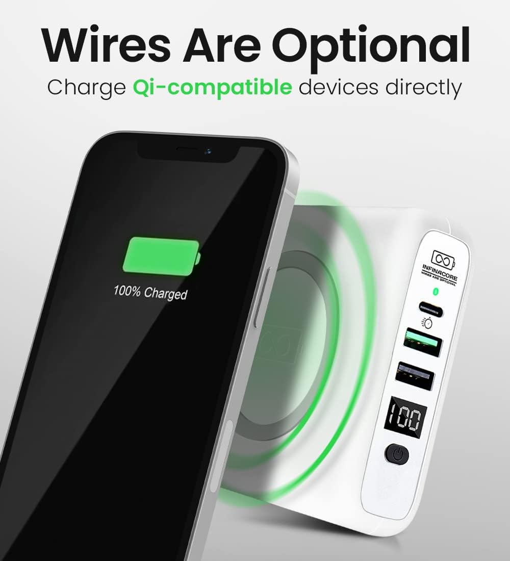 Exceptional Portable Power (P3) Global Wireless Charger USB-C Wall Charger 8000mAh Power Bank, USB-C PowerDelivery Battery Pack, Fast Charge Phone Laptop Charger Travel with LED Display (White)