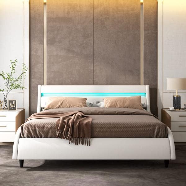 LED Bed Frame with Headboard, Modern Faux Leather Wave-Like Platform Bed Frame, Low Profile Bed Frame with Solid Wood Slats Support, White, Full Size