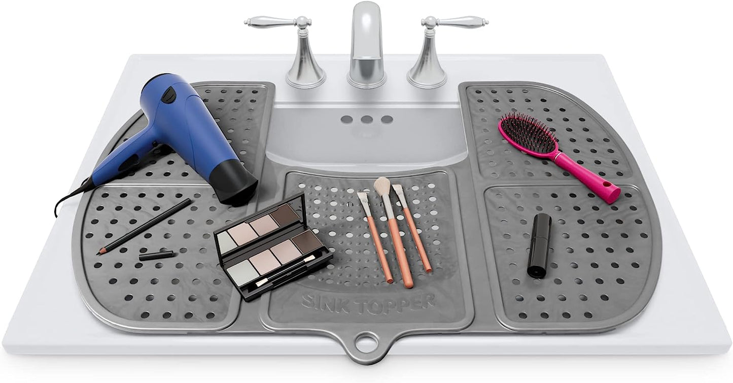 Sink Topper Foldable Sink Cover - Silicone Beauty Makeup Brush Cleaning Mat - Hot Tools Organizer - Bathroom Must Have Accessory for Extra Space & Storage Saver - Traveling - Standard, Black