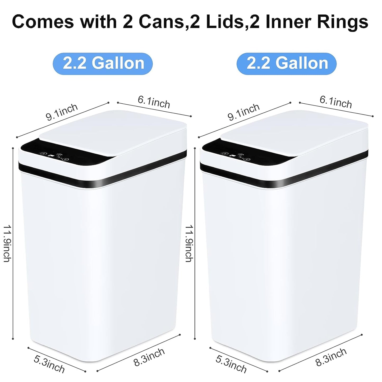 EXCELLENT Bathroom Automatic Trash Can 2 Pack 2.2 Gallon Touchless Motion Sensor Small Slim Garbage Can with Lid Smart Electric Narrow Waterproof Garbage Bin for Bedroom Office Kitchen (Black)